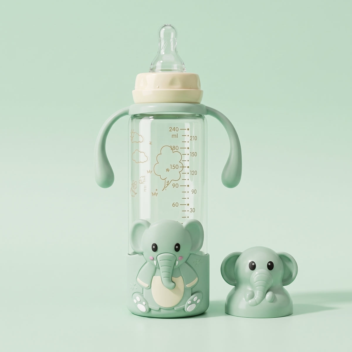 Mint Green Elephant Glass Baby Feeder with Handles