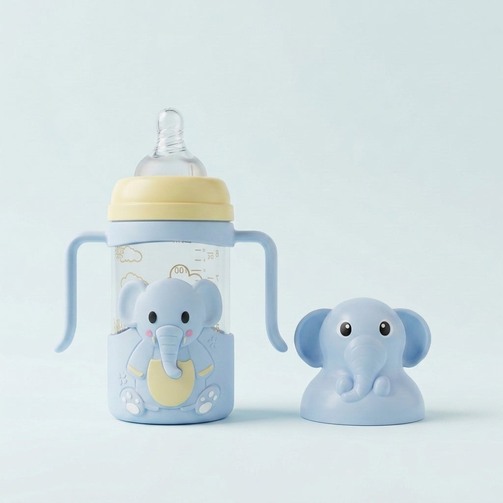 Elephant Glass Baby Feeder with Handles – Blue & Yellow