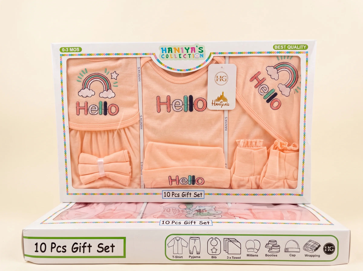 10-Piece Newborn Baby Gift Set – Peach Hello & Rainbow Design