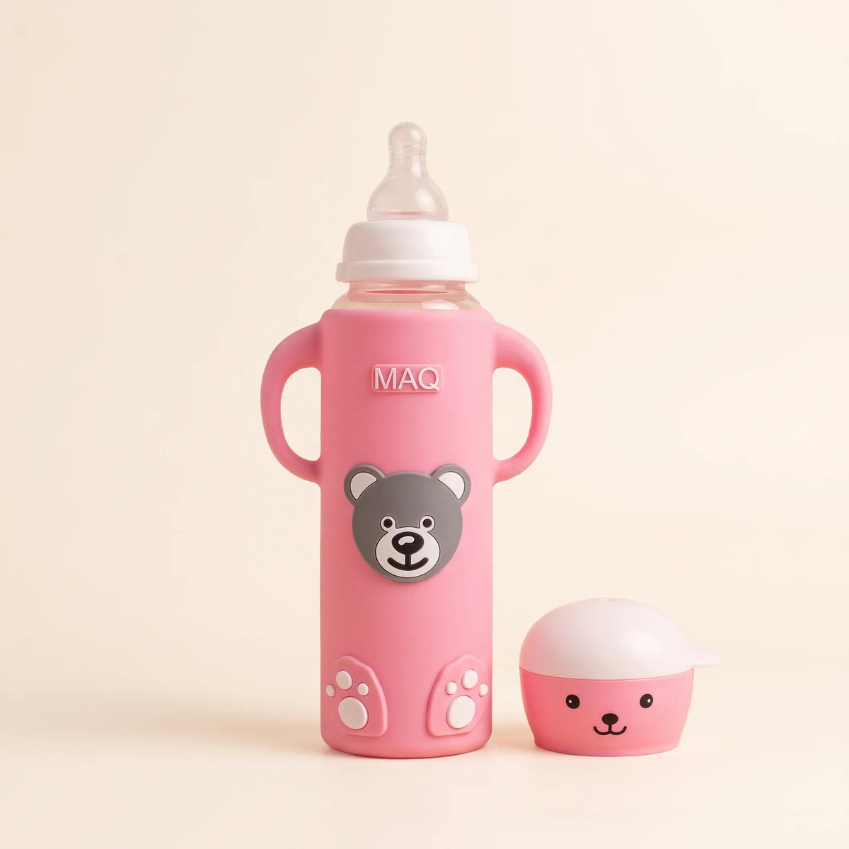 Pink Bear Glass Baby Feeder with Handles