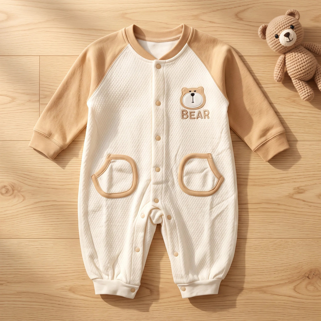 Long Sleeve Quilted Baby Romper with Bear Detail