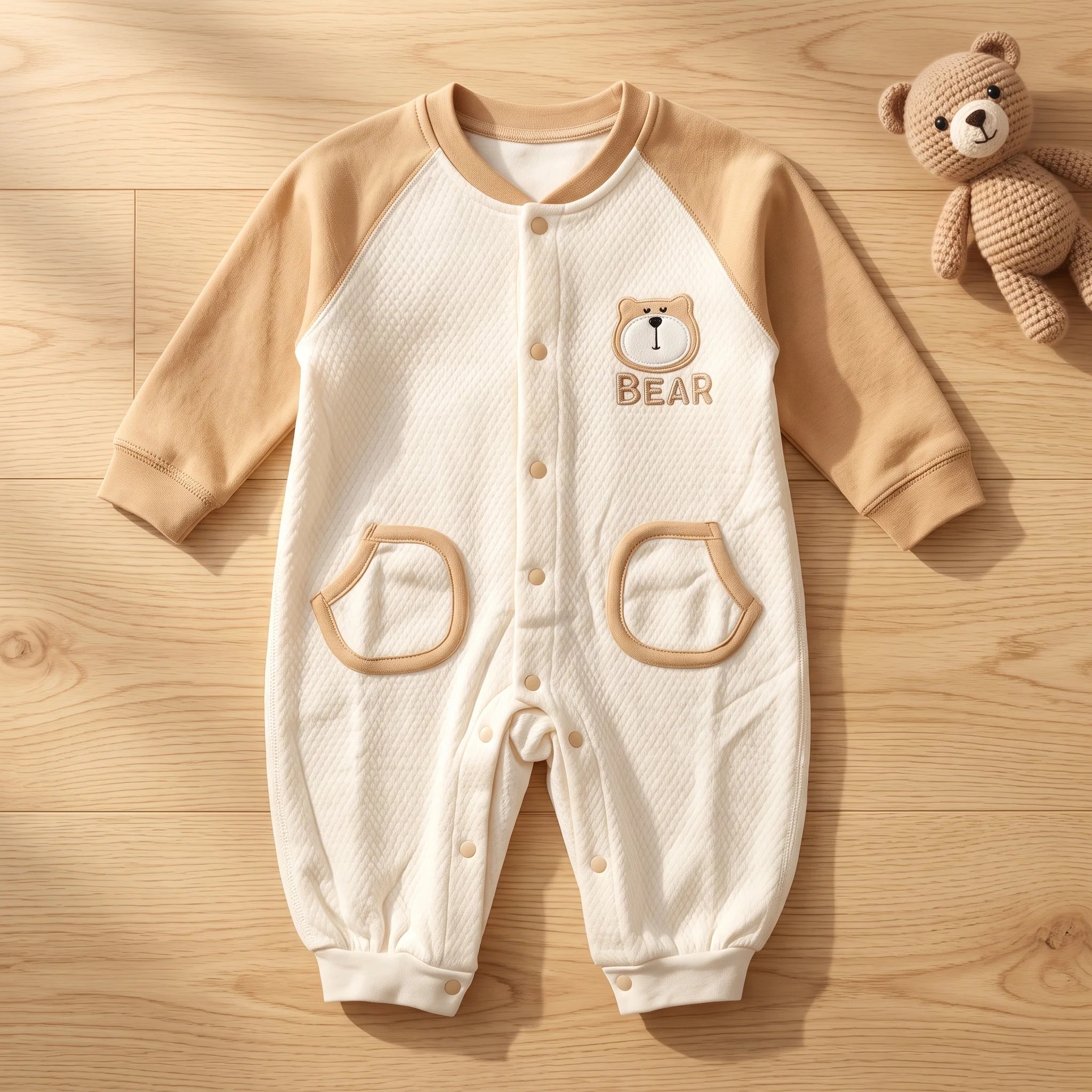 Long Sleeve Quilted Baby Romper with Bear Detail